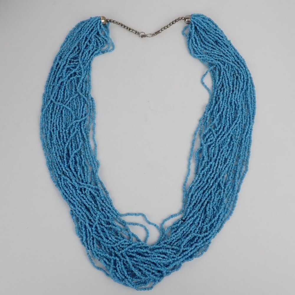 Multi Strand Turquoise Blue Glass Bead Statement Necklace 32" long